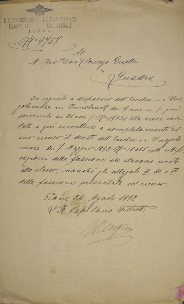 Lettera inviata a don Guetti